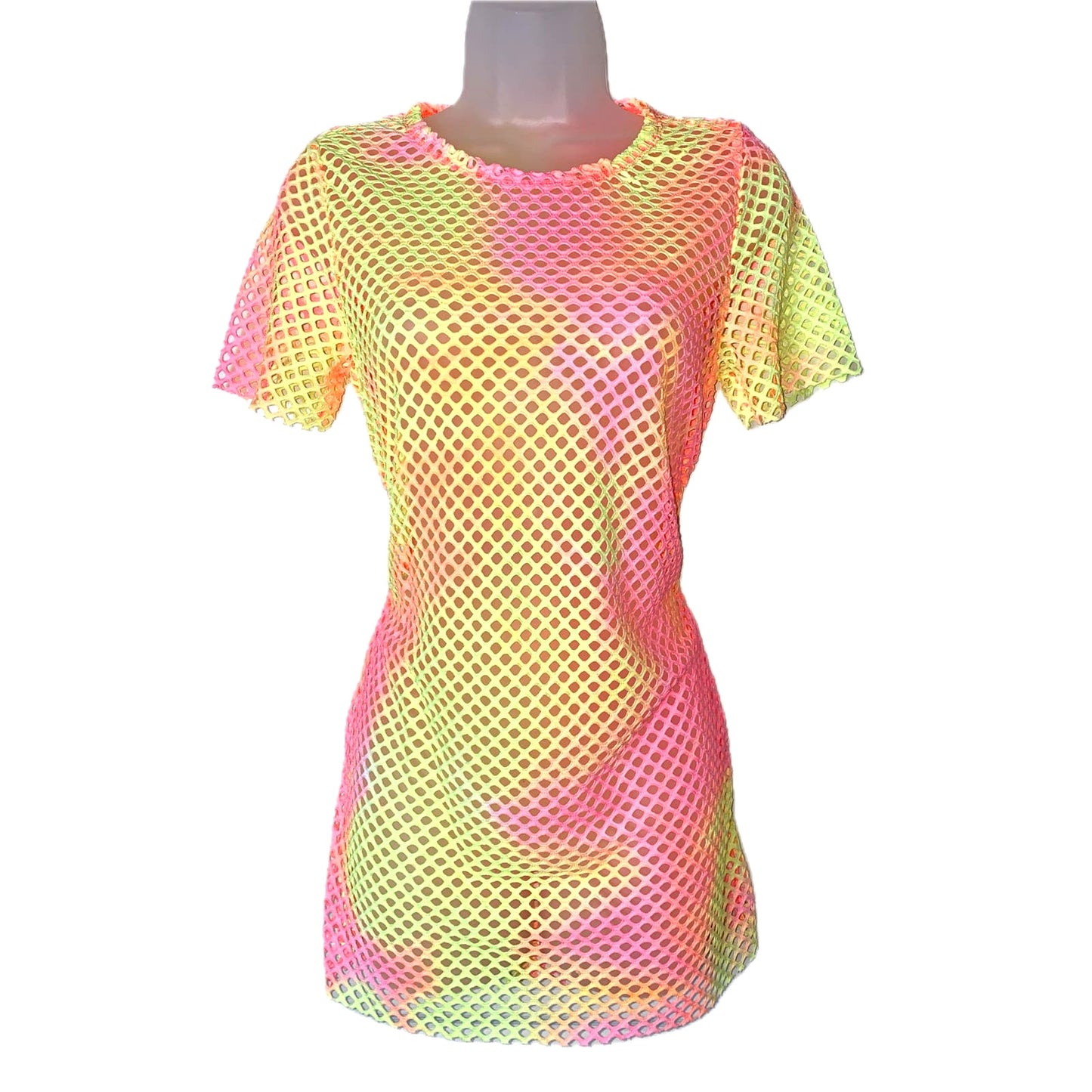 Neon Yellow Pink Fishnet Mesh Beach Dress Coverup Swim Suit