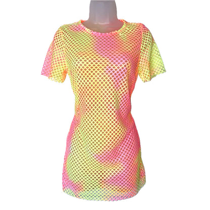 Neon Yellow Pink Fishnet Mesh Beach Dress Coverup Swim Suit