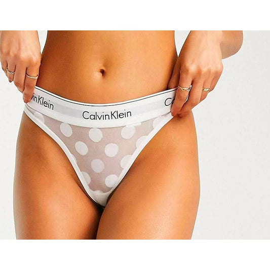 Calvin Klein Small White Mesh Cotton Dot Polka Logo Waist Thong Panty