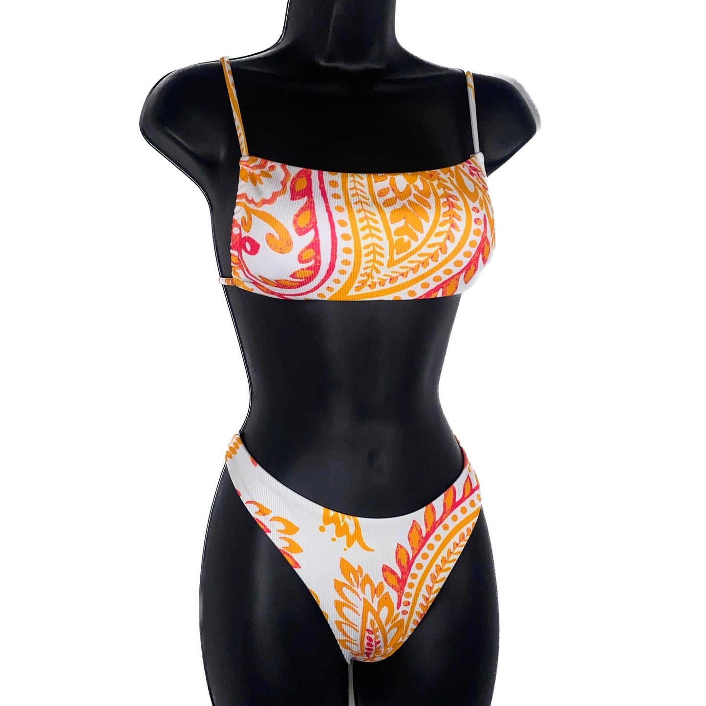 Small Orange Pink Paisley Print Square Neck Bikini