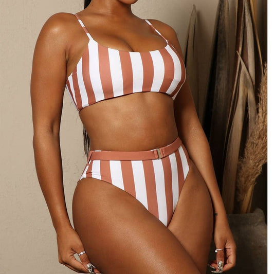 Small Fashion Nova Vacation Stripes 2 Piece Bikini Tan Rust Hi Cut Swim Set