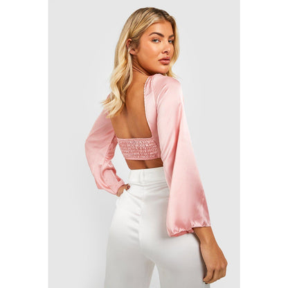 Pink 10 Large Silk Satin Long Sleeve Square Neck Cowl Crop Top