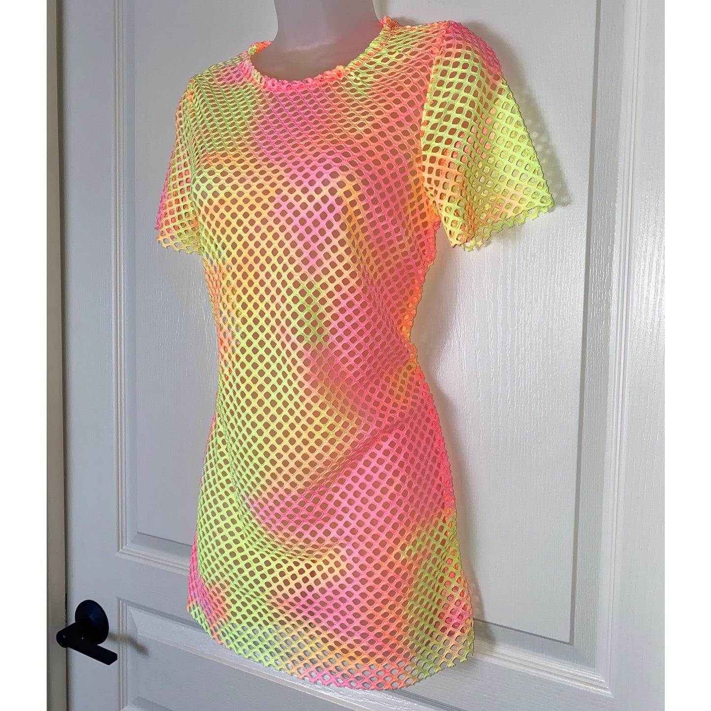 Neon Yellow Pink Fishnet Mesh Beach Dress Coverup Swim Suit