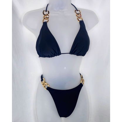 Medium Black Gold Chain Cuban Link Bikini Set