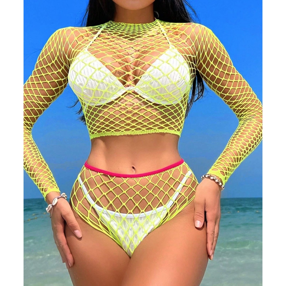 Neon Yellow Mesh Fishnet Beach Set