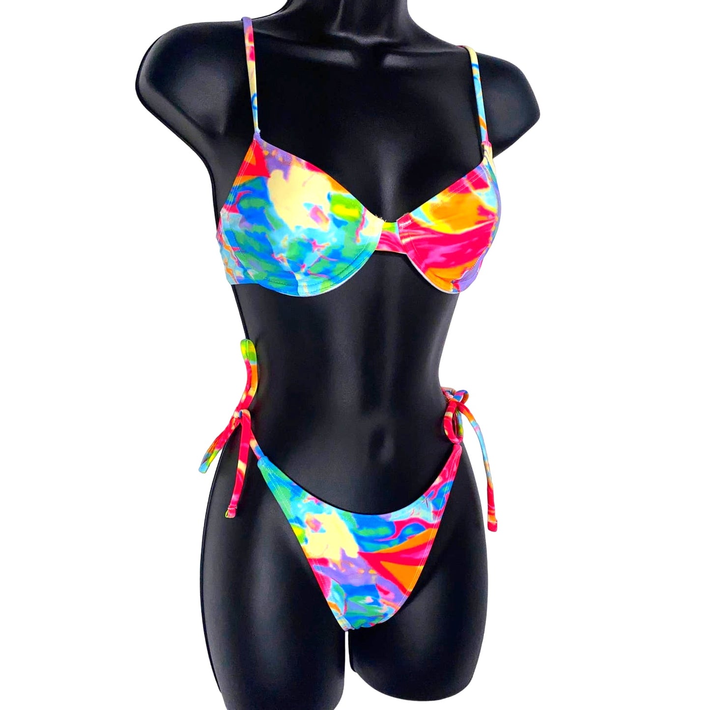 Small Colorful Underwire Retro Adjustable Side Tie Bikini Bathing Suit Set