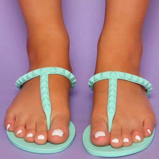 6 Fashion Nova Mint Green Studded T-Strap Sandals