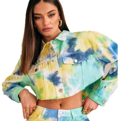 Tie Dye Blue Green Crop Denim Jean Jacket