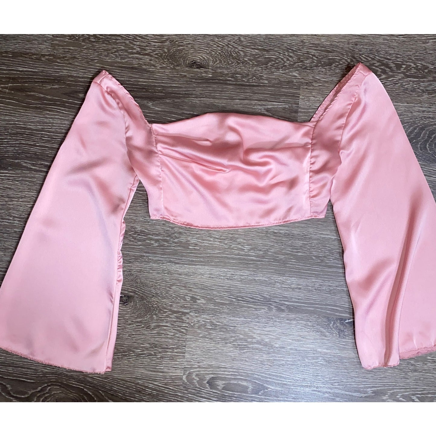 Pink 10 Large Silk Satin Long Sleeve Square Neck Cowl Crop Top