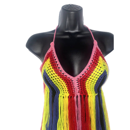 Rainbow Small Knit Crochet Fringe Backless Halter Top Blouse